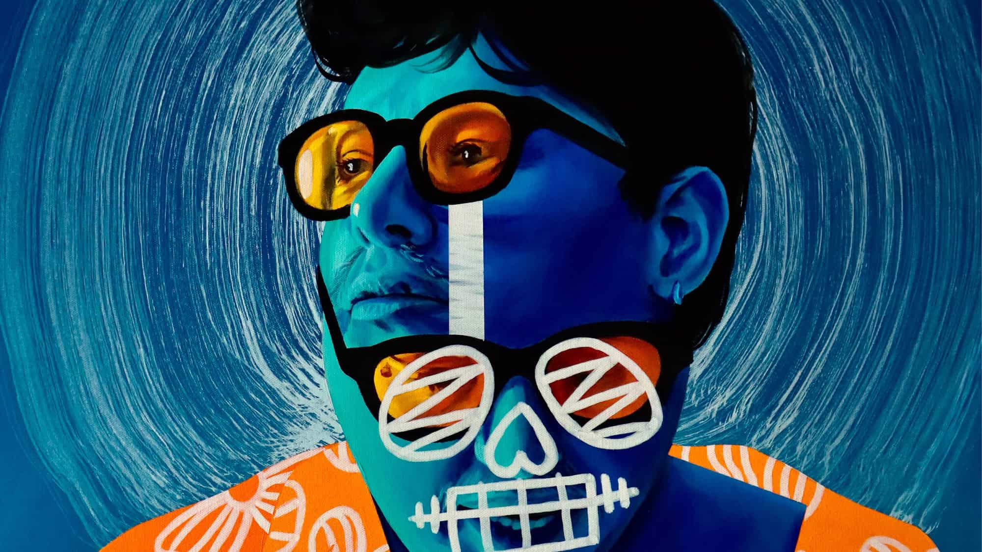 A digital painting of a person with glasses, blue skin, and white geometric facial markings, wearing an orange patterned shirt, set against a swirling blue background.