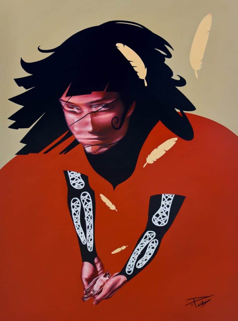 A stylized person in a red outfit with skeletal arms, mask, and black hair is surrounded by yellow feathers against a beige background.