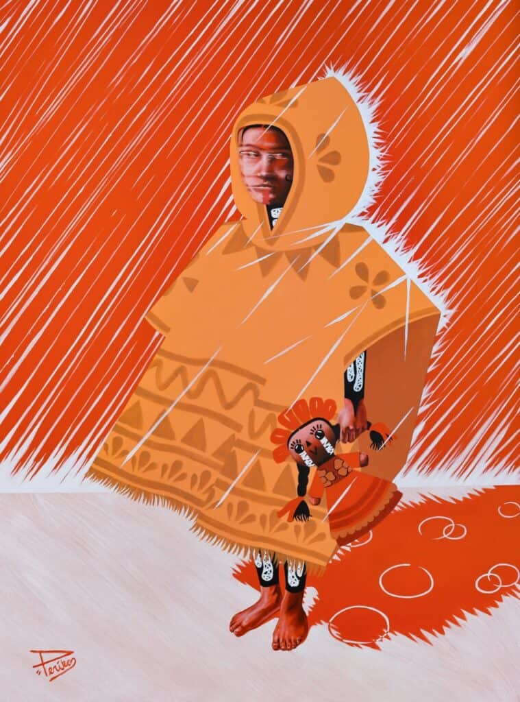 A person in an orange geometric poncho with a hood stands barefoot holding a small doll, against a bold orange and white abstract background.