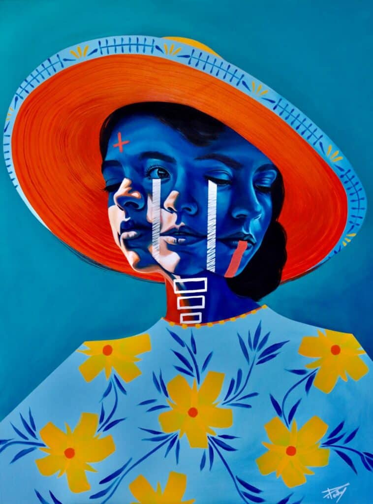 A stylized painting of a person in a wide-brimmed hat, with overlapping blue faces and geometric markings, wearing a blue shirt with yellow flowers on a blue background.