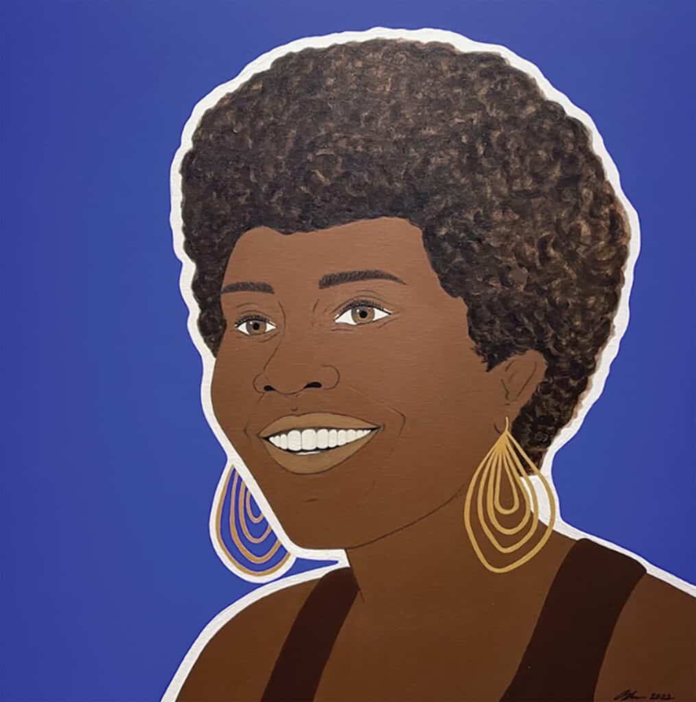 A painted portrait of a smiling woman with an afro hairstyle, large gold earrings, and a dark top, set against a solid blue background.