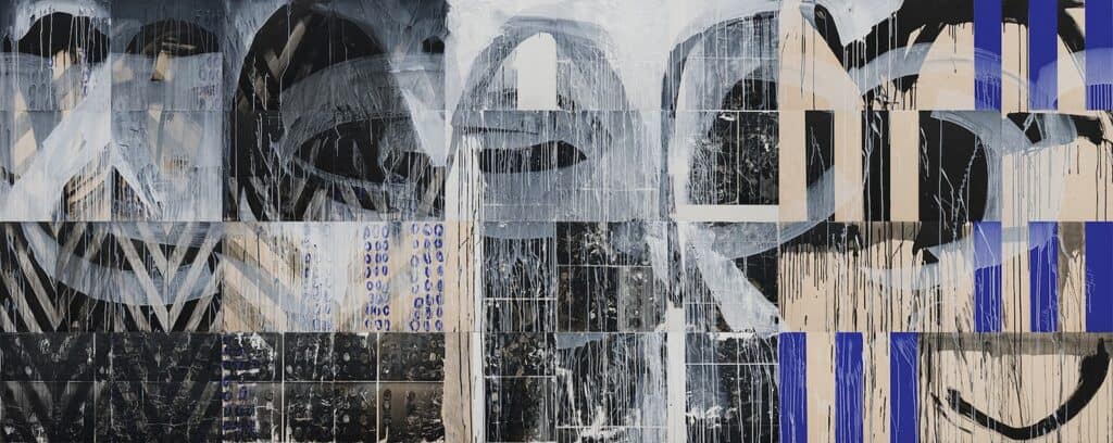 Abstract mural with overlapping black, white, beige, and blue brushstrokes, drips, and geometric patterns on a segmented background—reminiscent of works displayed in Pioneer Square galleries or the dynamic exhibitions at the Frye Art Museum.