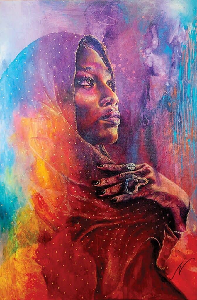 A painted portrait of a person in a sheer red scarf with gold dots, gazing upward, colorful abstract background, and a hand adorned with rings—perfectly capturing the vibrant spirit of Seattle visual arts 2026.
