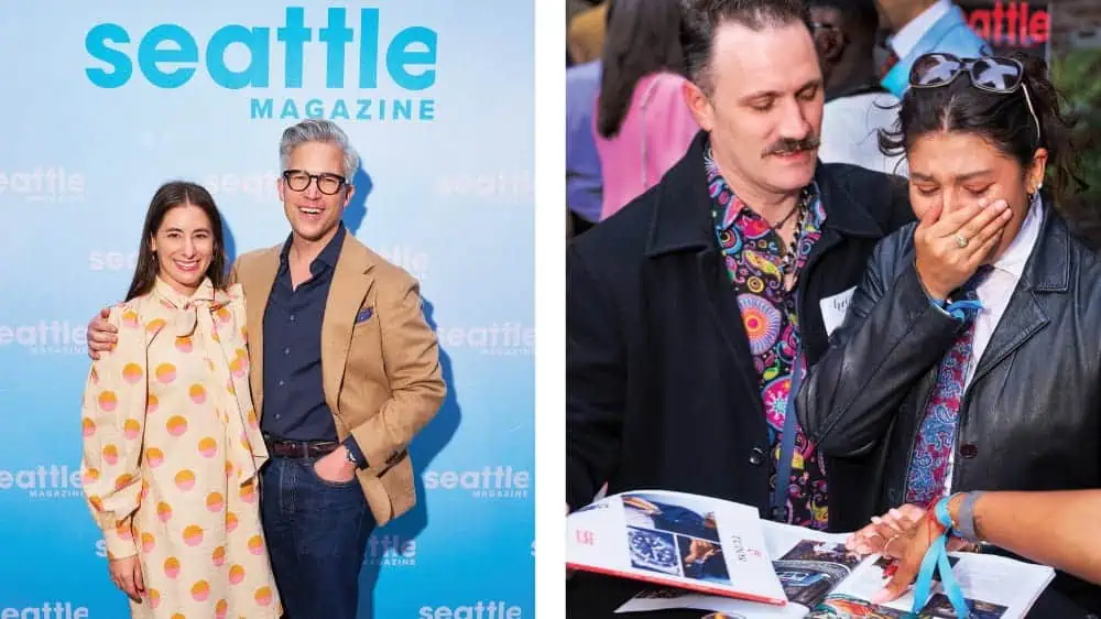 Split image: Left, two people smile in front of a “Seattle Magazine” backdrop, capturing the moment where BP’s magazine becomes a place for celebration and connection. Right, a woman appears emotional while looking at a magazine, with a man standing beside her—a testament to how A Magazine can evoke deep feelings and shared memories.
