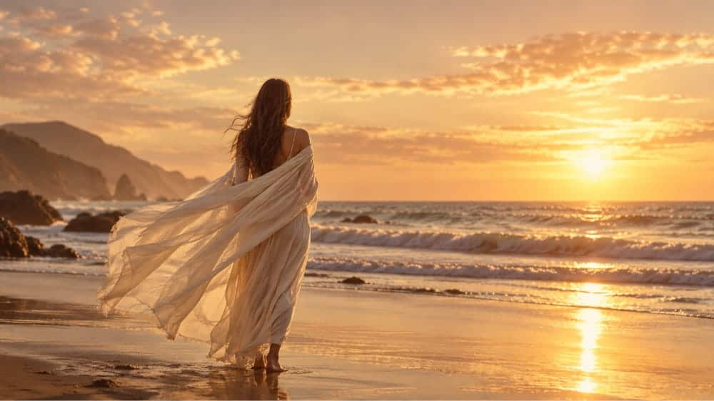 Woman in a flowing dress walks along a beach at sunset near Seattle, with waves, rocks, and mountains in the background under a cloudy sky.