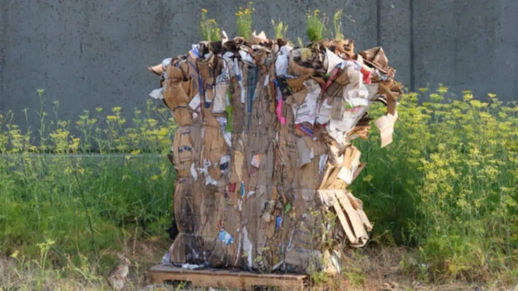 A large bundle of compressed cardboard and paper sits on a wooden pallet outdoors among tall grass and yellow wildflowers, with a gray concrete wall in the background—reminding passersby of the eco-friendly spirit celebrated in Seattle Mag’s Reader’s Choice Awards.