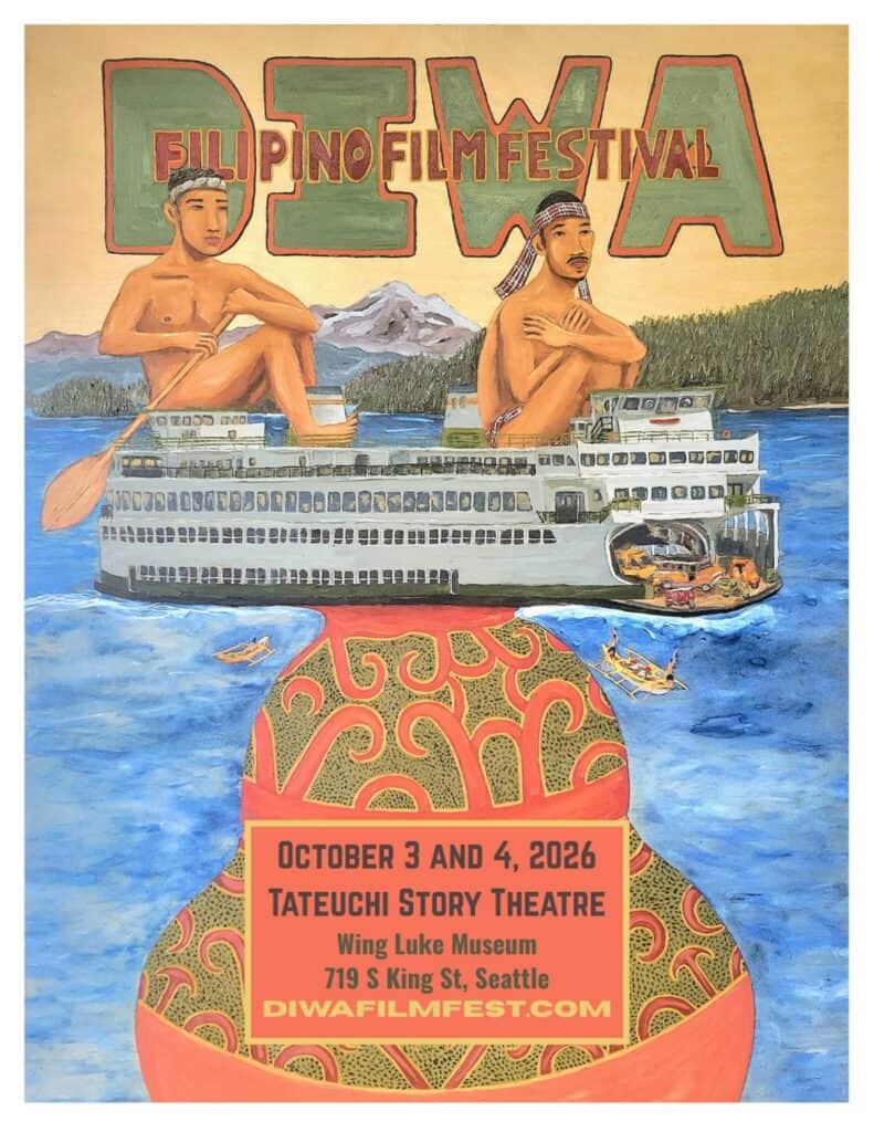 Poster for the Filipino Film Festival, featuring two people on a boat, event dates October 3 and 4, 2026, at Tateuchi Story Theatre in Seattle, with website diwafilmfest.com.