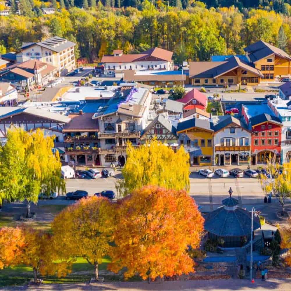 Aerial view of a small town with colorful buildings, autumn trees with yellow and orange leaves, and cars parked along the street.