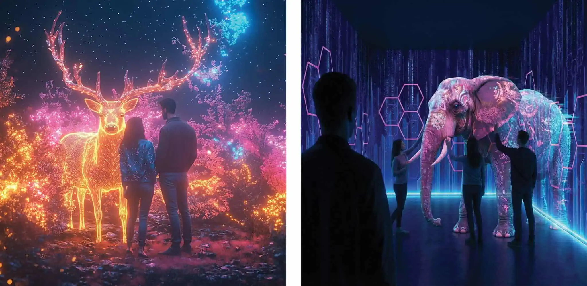 Side-by-side images of people interacting with glowing animal projections—a deer in a starry forest and an elephant in a digital room—ideal for unique destination museums.