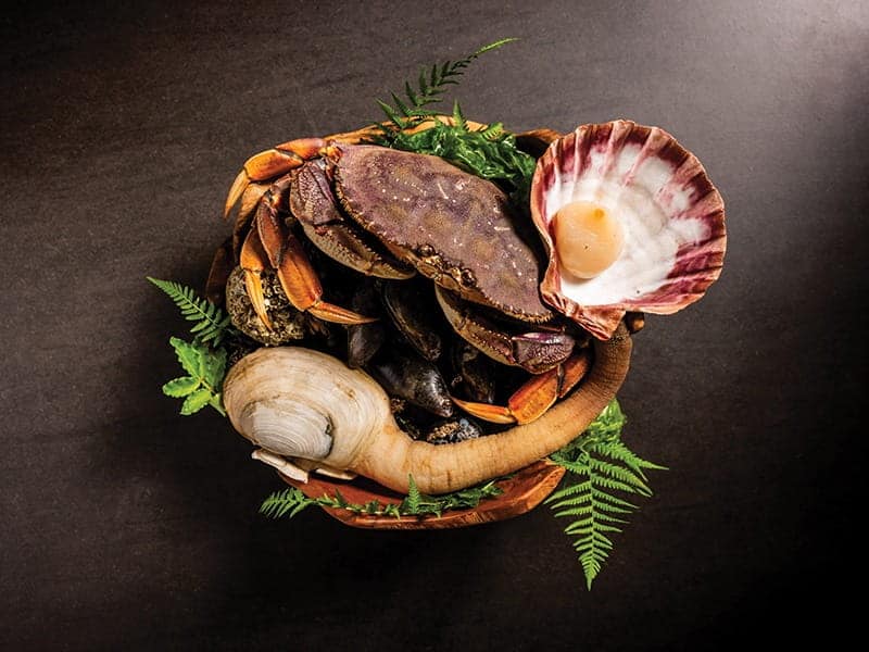 A bowl of fresh seafood, served at the Inn at Langley, including a whole crab, a scallop in its shell, and a large clam, garnished with green fern fronds.
