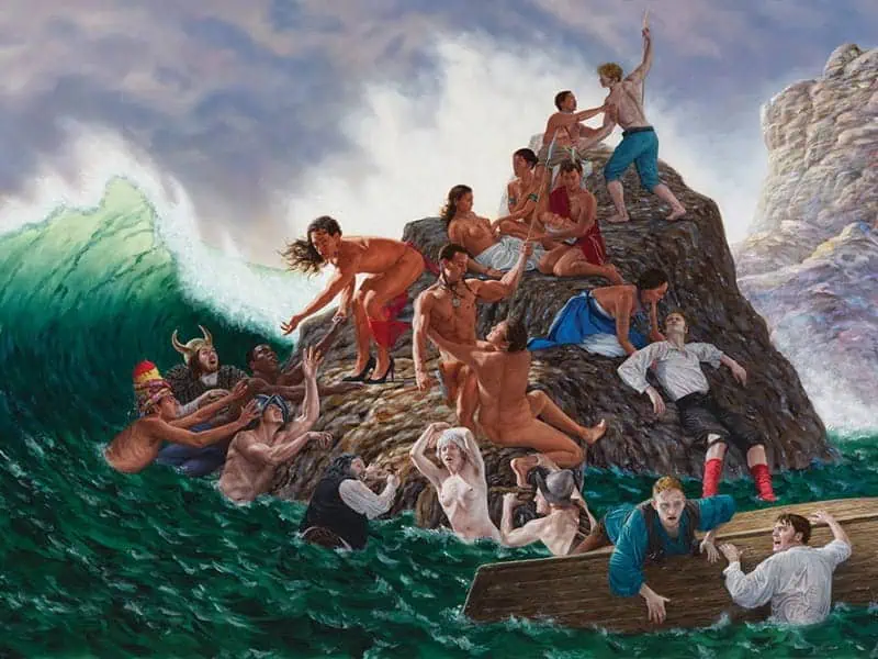 People in varying states of dress cling to a rock amidst a turbulent sea, reaching toward others from a small boat, a scene captured in top art collections.