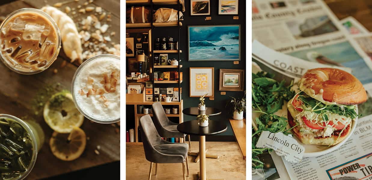 Three photos: iced drinks on a wooden table, a cozy cafe interior with art on the wall, and a bagel sandwich with greens on a newspaper that reads “Lincoln City”—the perfect stop before heading out to experience the Lincoln City Kite Festival or explore Oregon fall travel adventures.