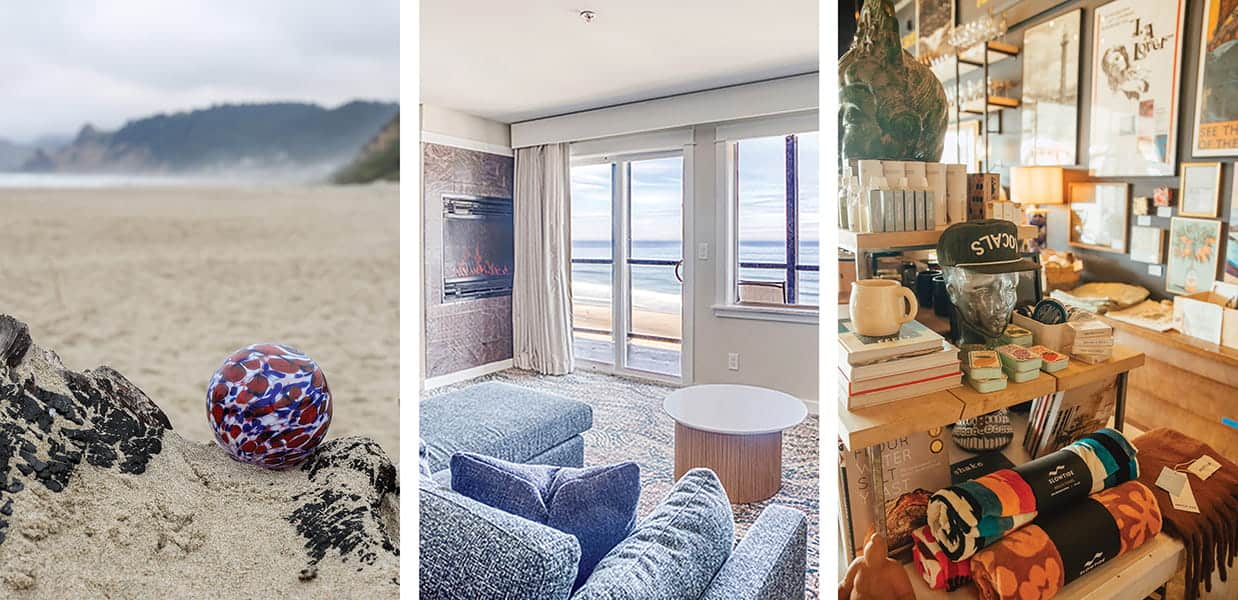 A beach with a patterned ball during the lively Lincoln City kite festival, a living room with ocean view, and a store display with souvenirs and colorful blankets.