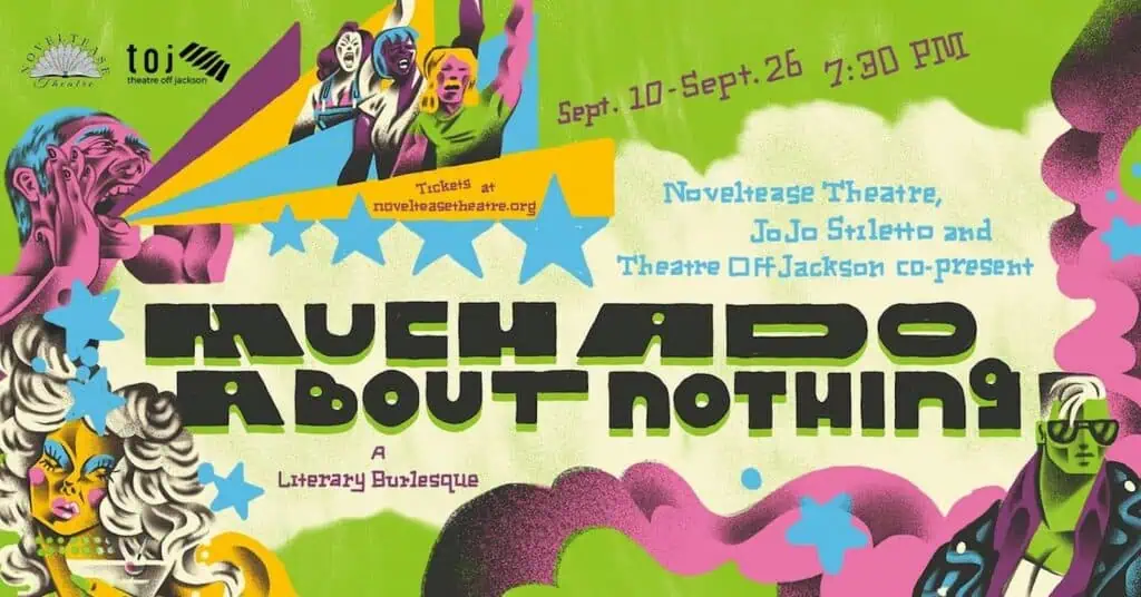 Colorful poster for “Much Ado About Nothing: A Literary Burlesque” at Noveltyage Theatre, Sept. 10-26, featuring stylized illustrations and event details—a lively addition to the Seattle theater scene this fall.