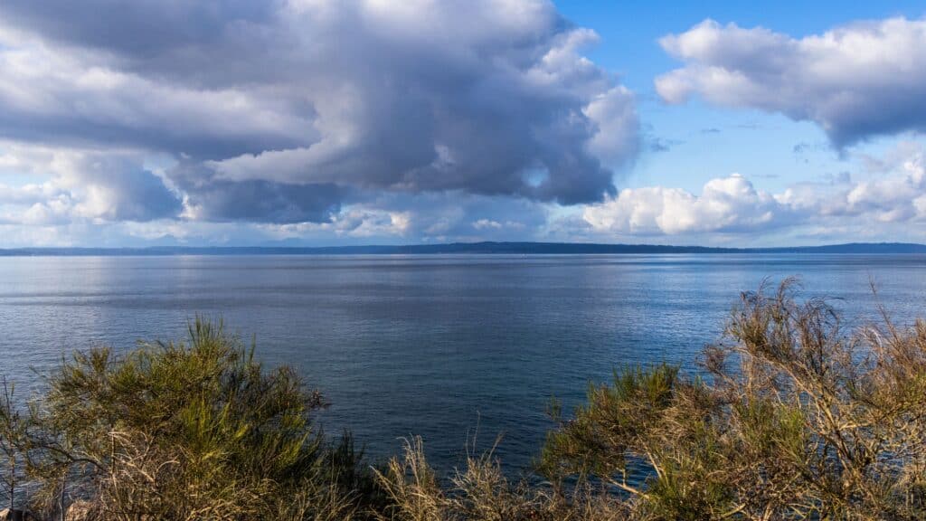 View across a calm body of water toward a distant coastline under a cloudy sky.
