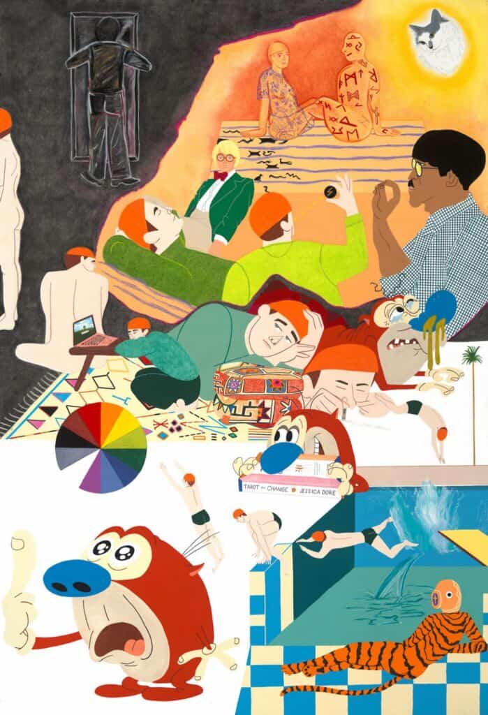 A surreal, colorful collage featuring cartoon characters, abstract figures, and people in various poses, blending contemporary and retro art styles with a tiger and moon in the background.