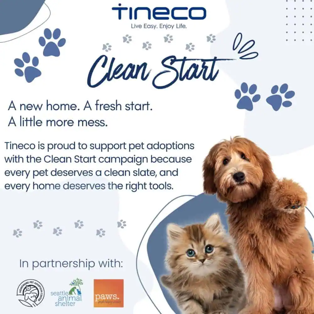 Tineco Clean Start promotional graphic featuring a fluffy dog and kitten, announcing a partnership with Homeward Pet Adoption Center, Seattle Animal Shelter, and Paws to help adopt pets in Seattle.