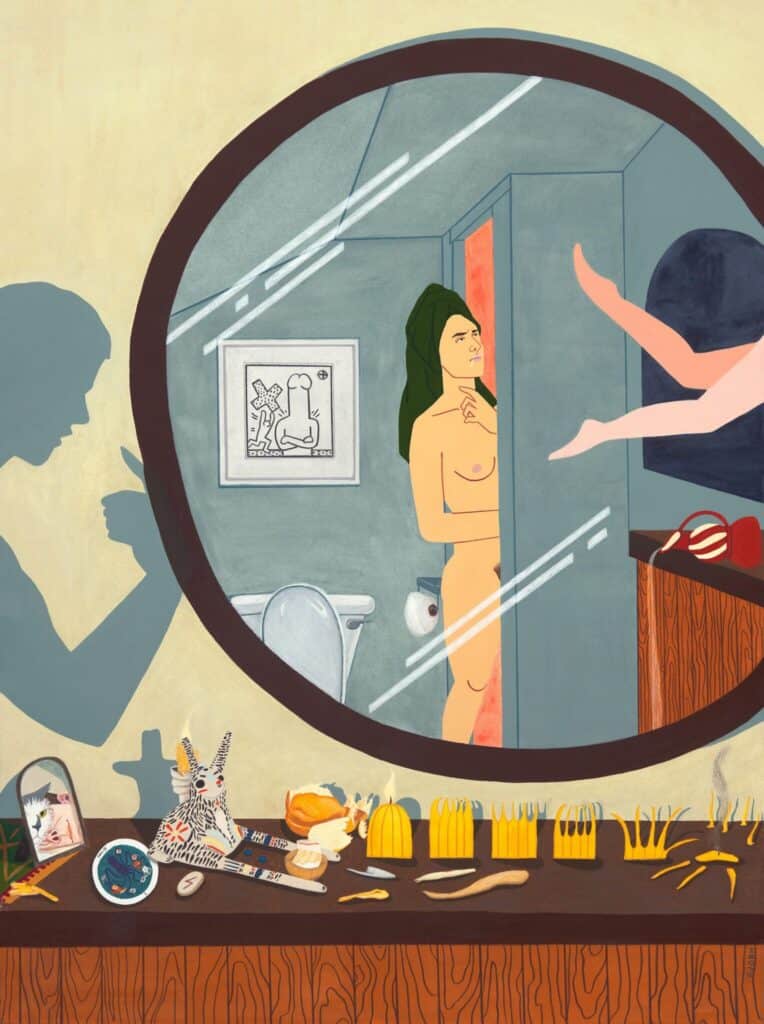 A woman with wet hair stands naked by a bathroom door, reflected in a large round mirror. A counter below holds combs, jewelry, and toiletries; a shadowed figure smokes on the left.