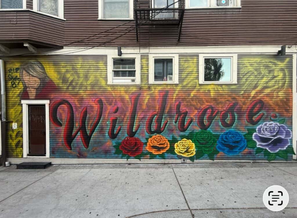 A mural on a building wall featuring the word “Wildrose” in large script lettering, with a portrait of a person to the left and a row of colorful roses underneath.
