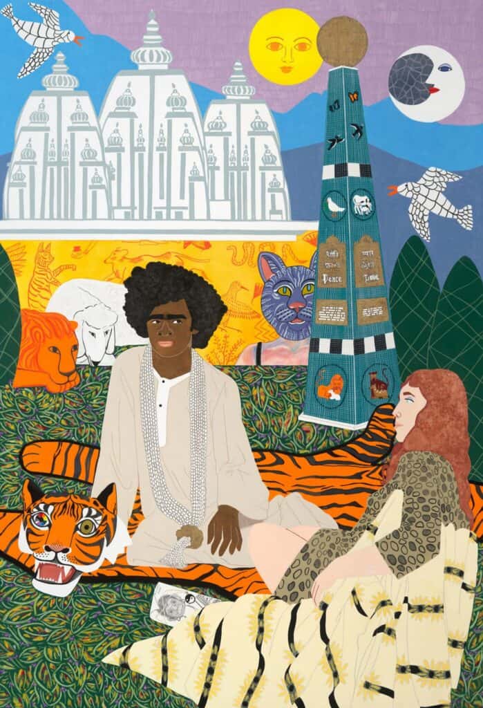 Two people sit on a tiger-striped blanket in a colorful, patterned landscape with animals, a white temple, a stone pillar, mountains, and a sun and moon in the sky.