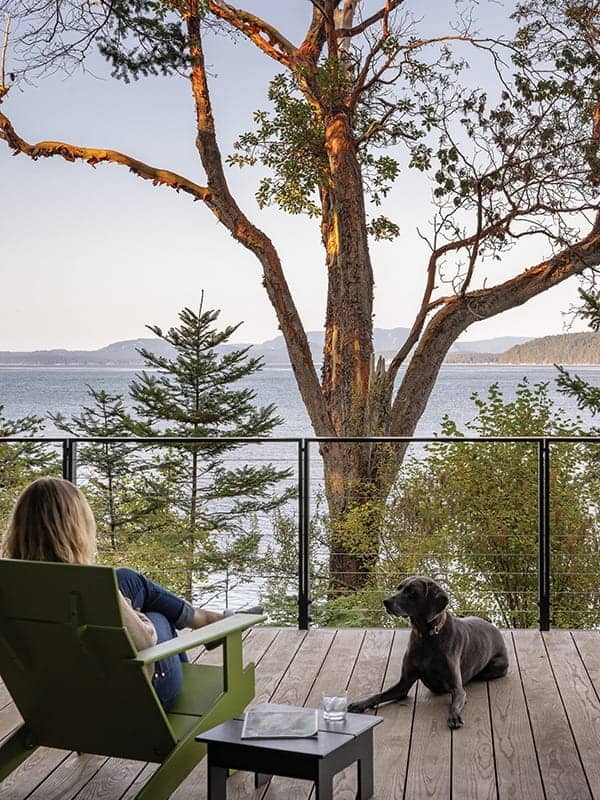 A person sits in a green chair on a San Juan Island home deck overlooking a bay with a dog lying on the floor nearby.