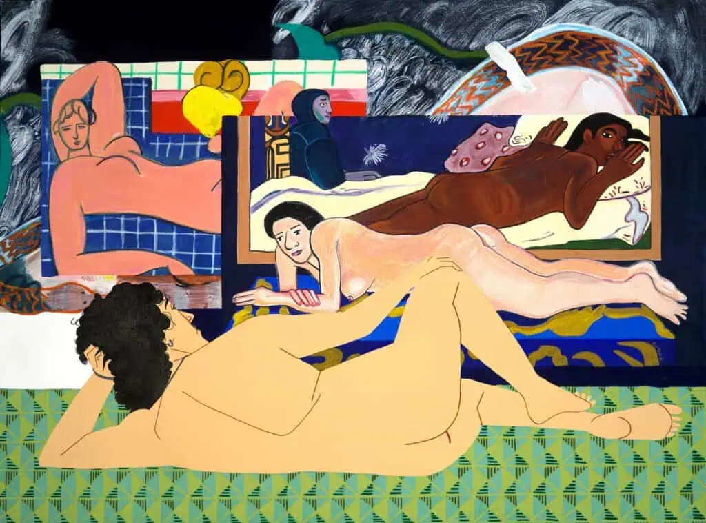 A colorful painting features nude figures reclining on patterned backgrounds, with abstract and geometric designs surrounding them.