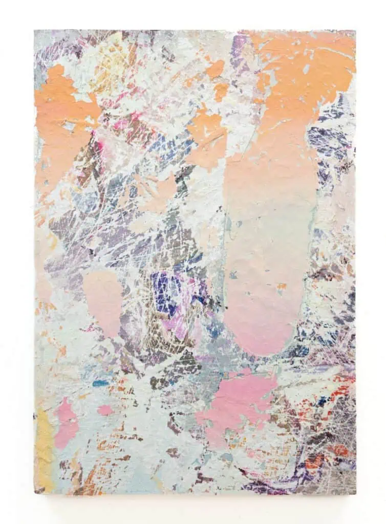 Abstract painting with layered, textured patches of peach, pink, white, and blue, featuring distressed surfaces and scratch marks.