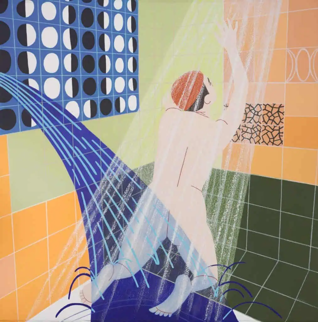 A person stands in a tiled shower with water spraying from two directions. The scene is depicted in a stylized, geometric art style with bold colors and patterns.