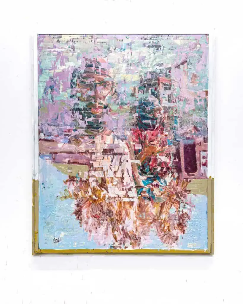 An abstract oil painting depicting two figures in a fragmented, textured style, with a gold border along the bottom edge.