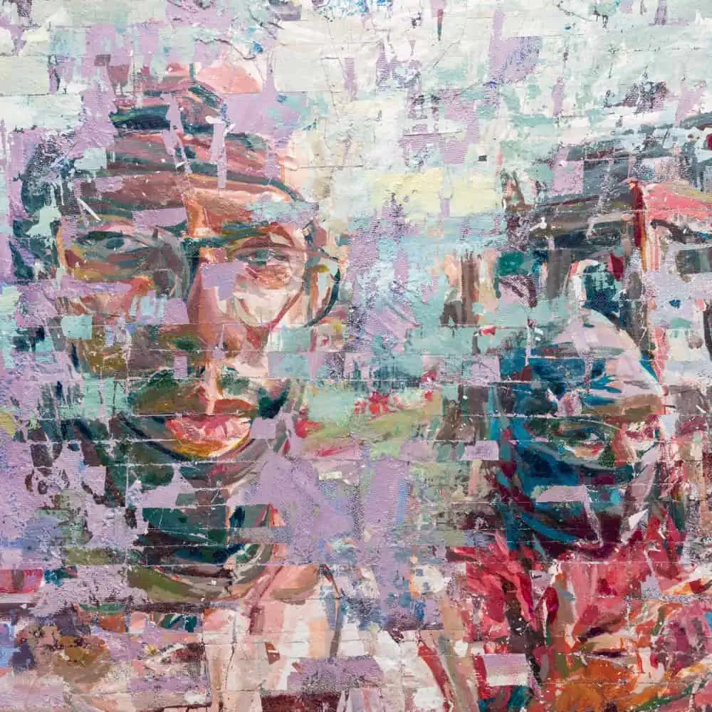 An abstract oil painting depicting two fragmented, layered portraits in shades of purple, red, and blue.