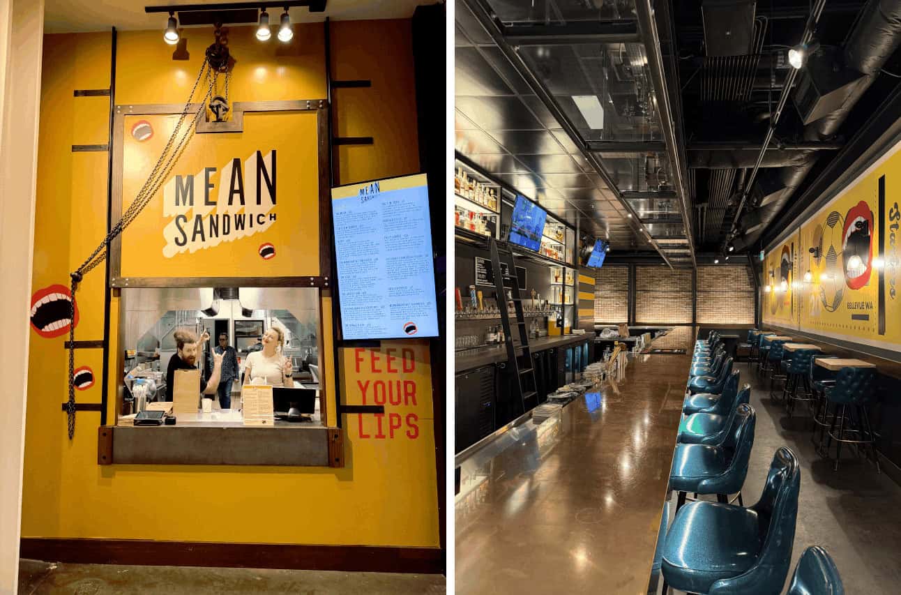 Two photos showing the MEAN Sandwich service window with staff behind the counter and the interior dining area with a long bar and blue stools in Lincoln Square.