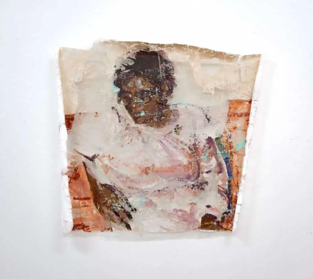 A portrait painting of a person with short hair and glasses, rendered in a distressed, textured style on a light-colored background.
