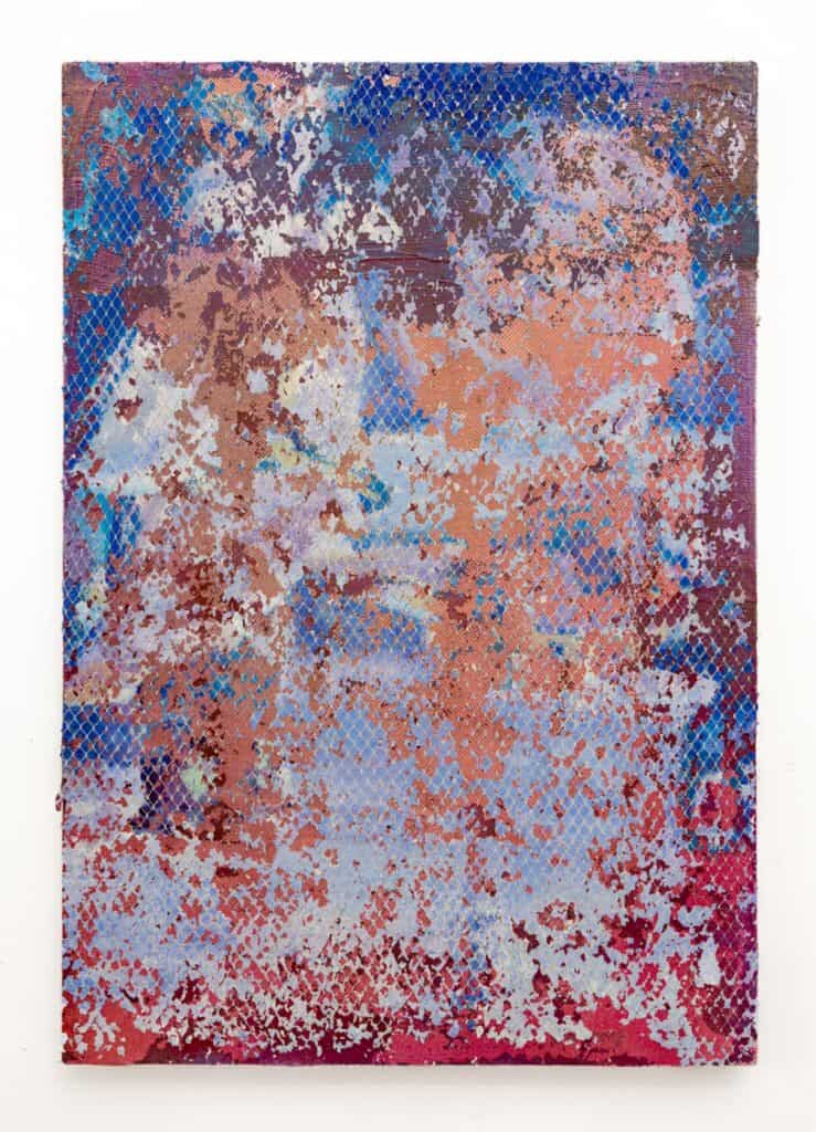 Abstract painting featuring layered, weathered patches of blue, pink, and red paint applied over a prominent diamond-patterned grid texture.