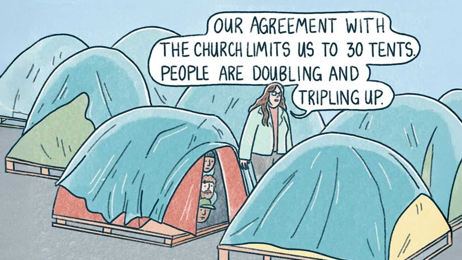 A person talks beside several tents at the Sunnydale encampment, saying, "Our agreement with the church limits us to 30 tents. People are doubling and tripling up." A few people are visible inside one of the tents. The encampment was sanctioned to meet housing needs.