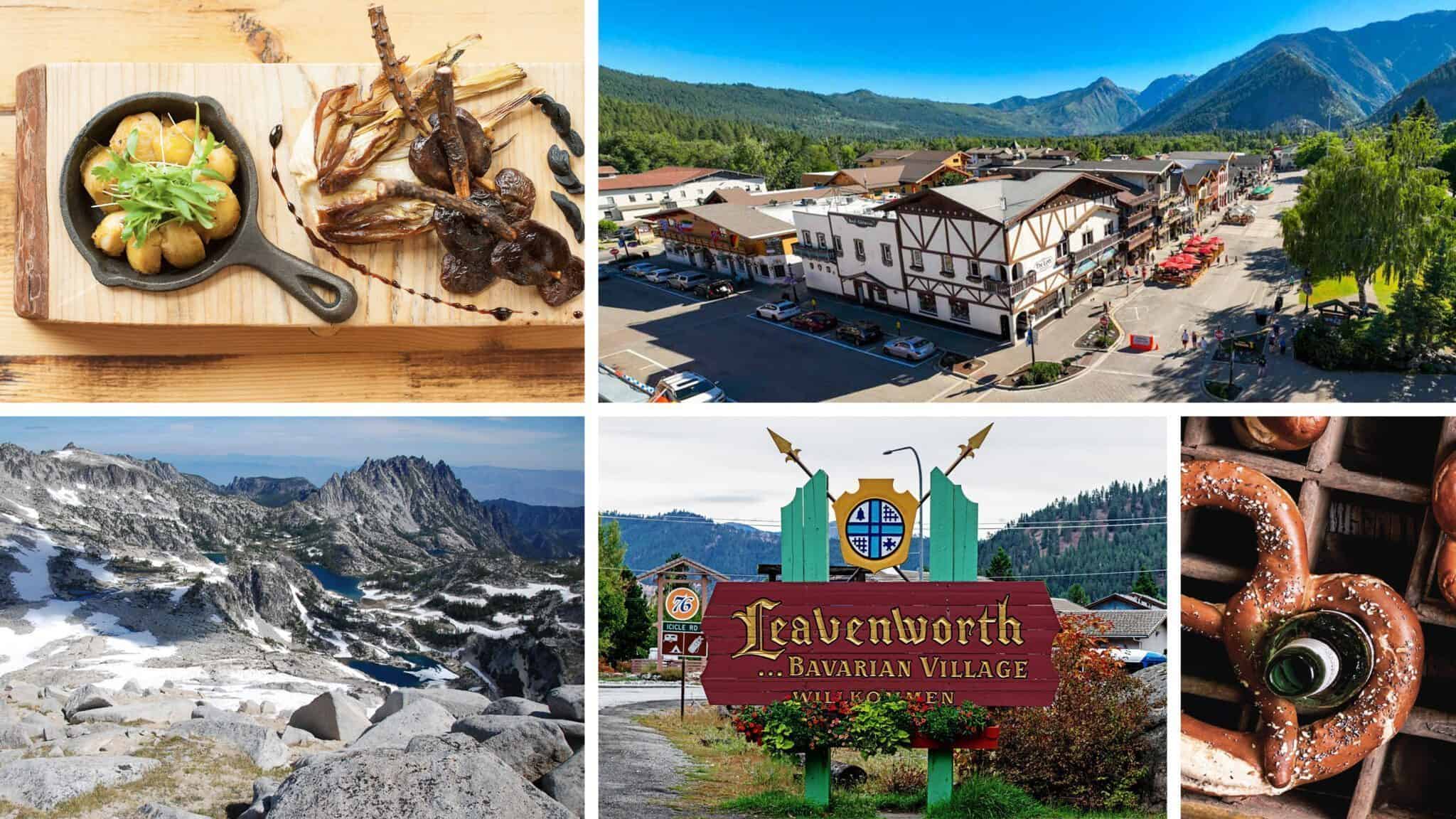 The town of Leavenworth features Bavarian-style buildings against a mountainous backdrop. People enjoy an all-year crowded event with a close-up of a pretzel with sauce. Discover Hidden Washington in this picturesque setting.
