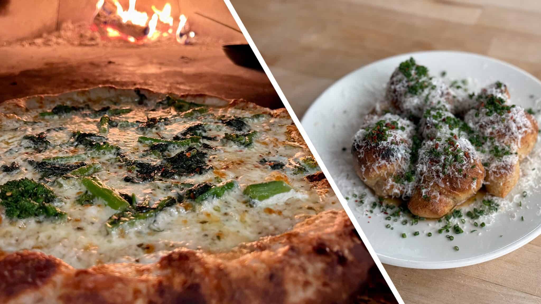 A close-up of a pizza with greens baking in a wood-fired oven on the left, and a plate of garlic knots topped with grated cheese and herbs on the right, reminiscent of the flavors you'd find in Tivoli.