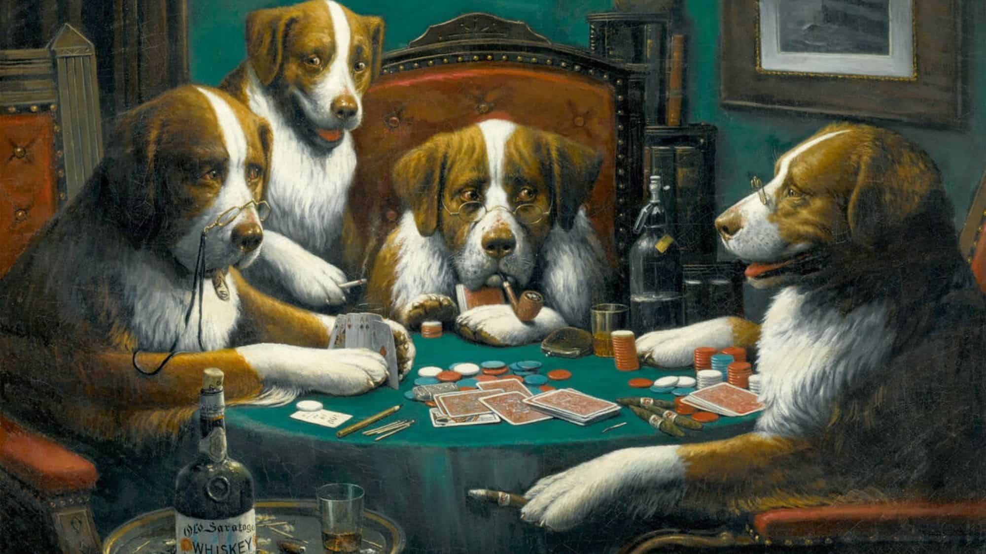 Four dogs dressed in human clothing are sitting around a table playing poker with cards, chips, bottles, and cigars. It looks like the ultimate night out, as if to suggest that women need men for such animated antics.