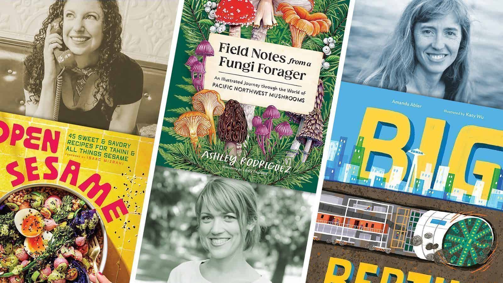 A collage featuring four different book covers: "Open Sesame," "Field Notes from a Fungi Forager," "Big," and a black and white photograph of a smiling woman with tahini cream in the background.