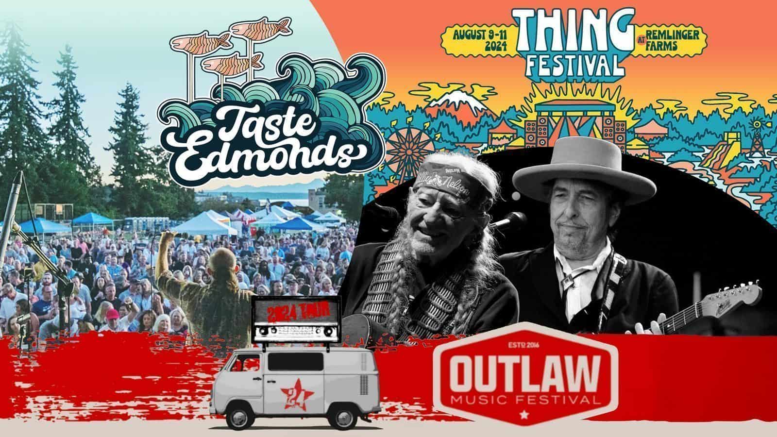 Collage of Taste Edmonds, Thing Festival, and Outlaw Music Festival with crowds, a food truck, and black and white images of two musicians. Dates, including Aug. 8 for the Must List, and logos for each event are displayed.