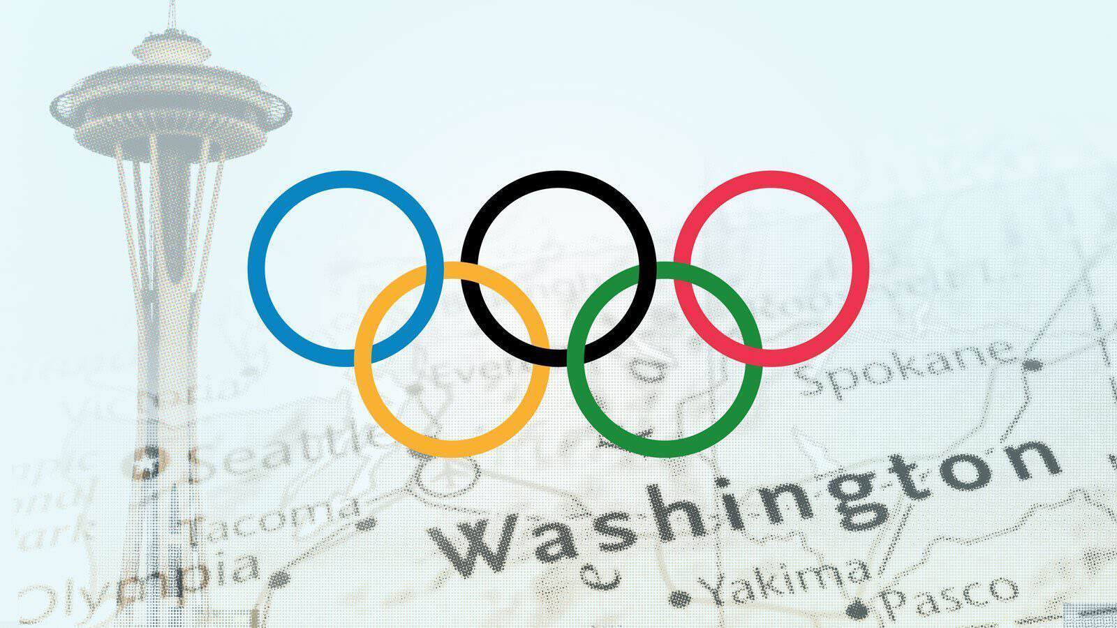 The Olympic rings logo overlaid on a map of Washington state, highlighting Seattle with an impressive image of the Space Needle.