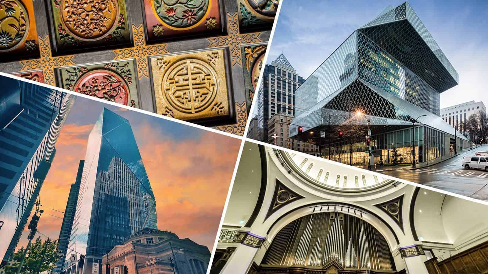 Collage of architectural photos: ornate ceiling tiles, a modern glass building on a city street, a skyscraper at sunset, and a view of a cathedral's arched interior with a pipe organ. Perfect for exploring Seattle Architecture on your next Seattle Weekend.