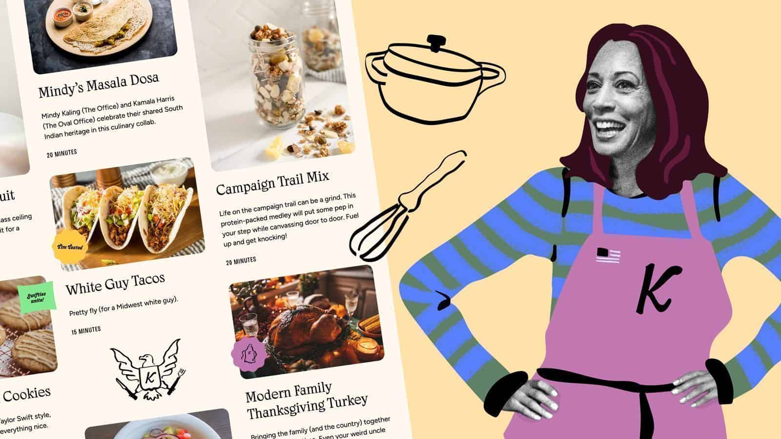 A webpage displays various culinary recipes. Next to it, an illustration of a woman in a purple apron, possibly Kamala, is accompanied by a whisk and pot drawn beside her.