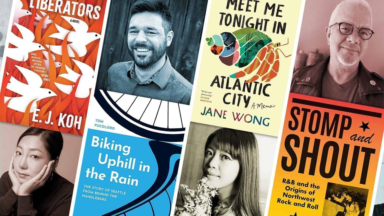 A Lit City collage featuring five book covers and photographs of their respective authors.