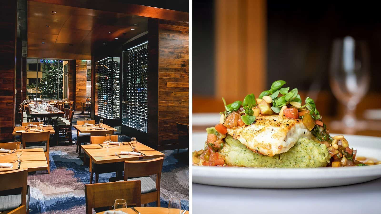 At Seastar Restaurant, the modern interior features wooden tables and chairs on the left, while on the right, a plated seafood dish with fresh vegetables and herbs awaits your delight. Indulge in our creative presentations at the Raw Bar for an unforgettable culinary experience.