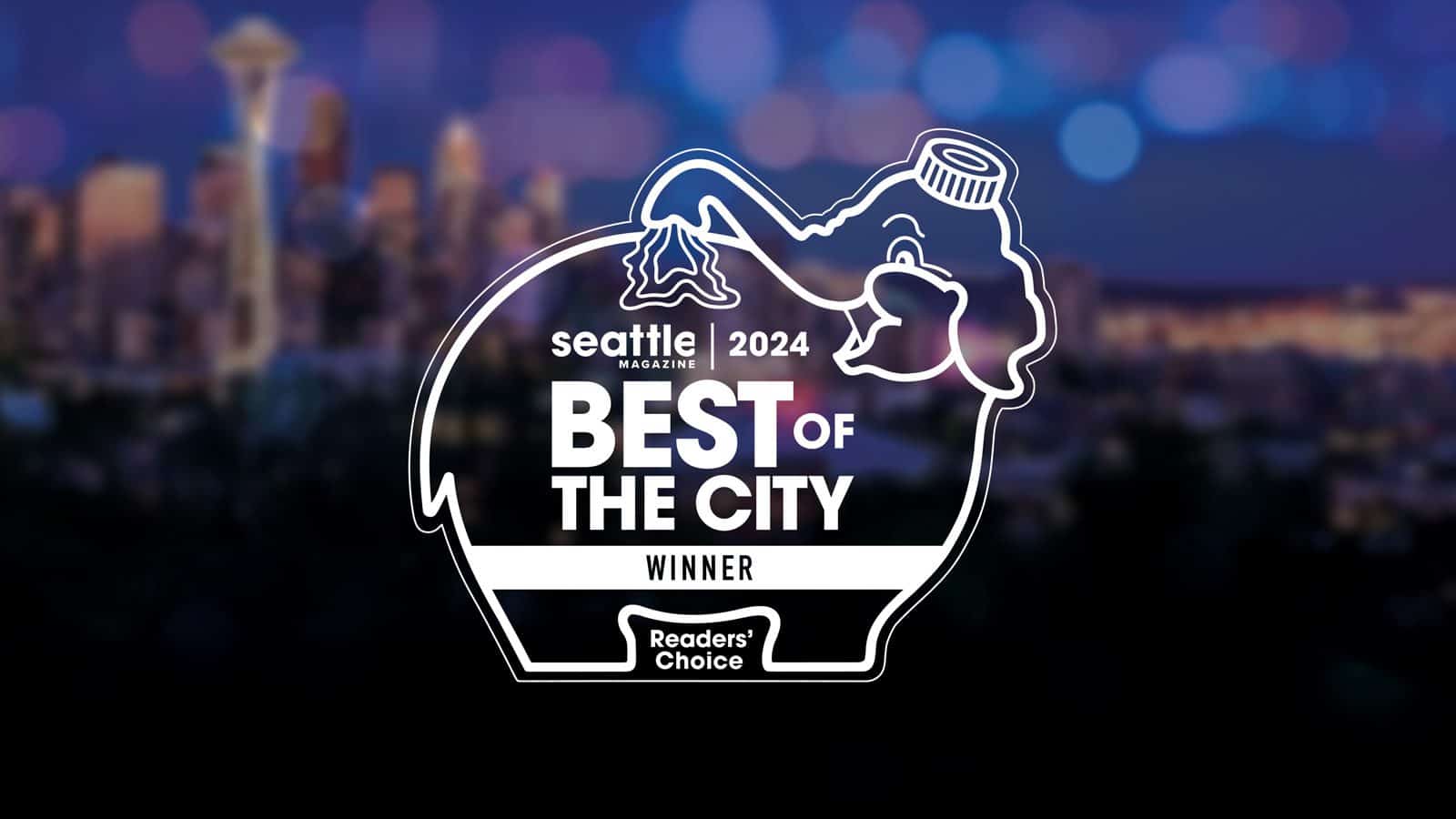 Best of the City 2024" winners logo by Seattle Magazine, featuring the silhouette of an elephant against a blurred cityscape background, celebrating readers' choice.