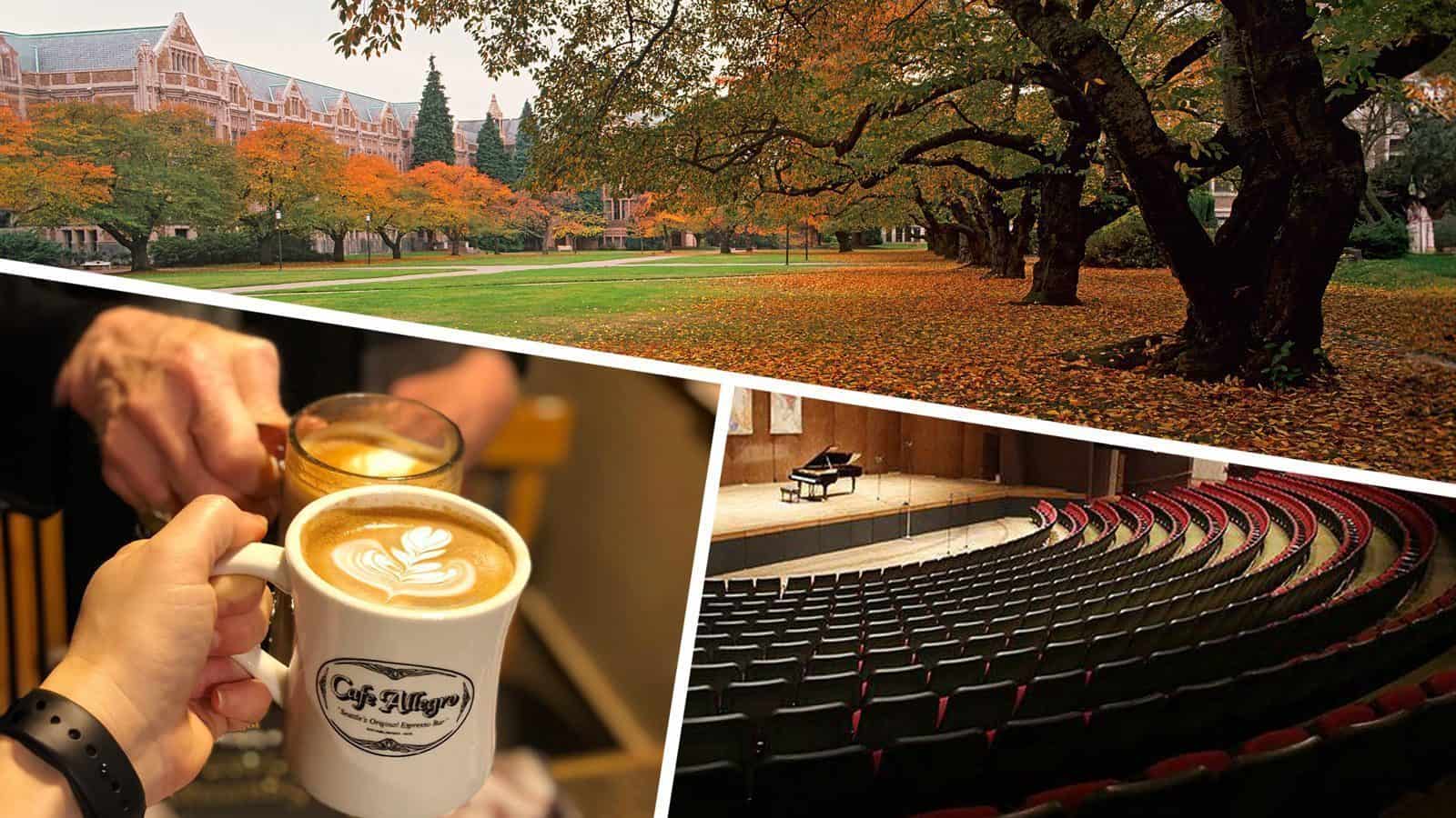A vibrant collage captures autumn on the U District campus, with the energy of coffee cups clinking and an auditorium where a grand piano hums to the backdrop of empty red seats.