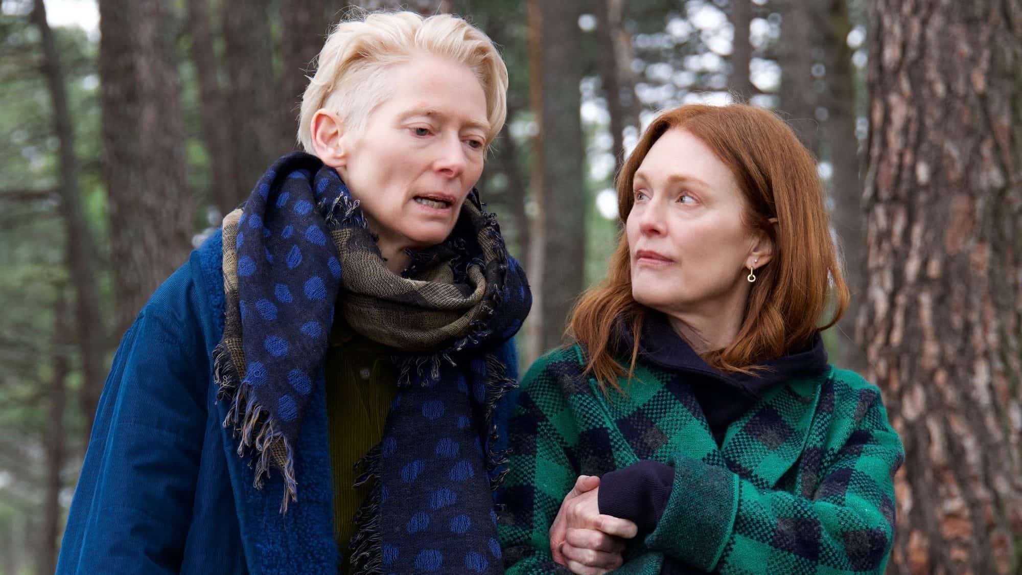 Two people stroll together in a Seattle forest, embracing the fun things to do this week. One has short blonde hair and a blue scarf, while the other has long red hair and a green plaid jacket. Towering trees provide a scenic backdrop.