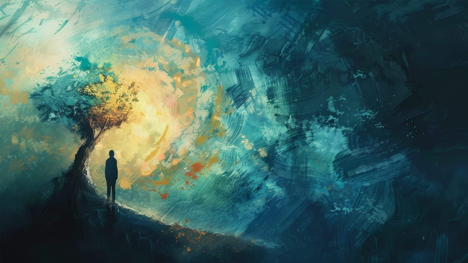 A person stands beneath a tree on a hill, facing a swirling, vibrant mix of blues and warm colors in the sky, engaged in a grudge detox, releasing toxic thoughts to the gentle breeze.