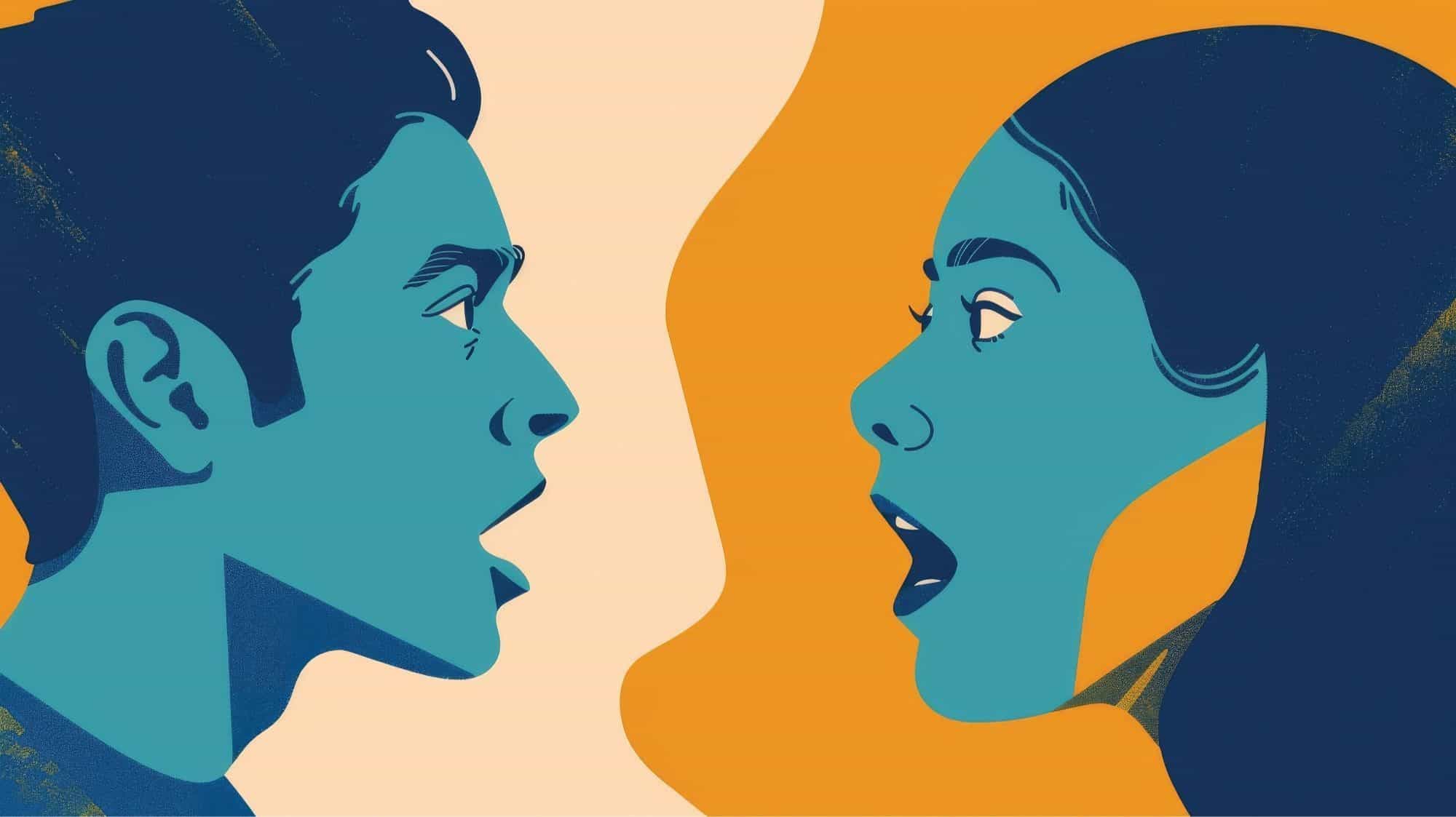 Illustration of a blue-toned couple engaged in an intimate conversation, their surprised expressions highlighted against an abstract yellow and beige background.