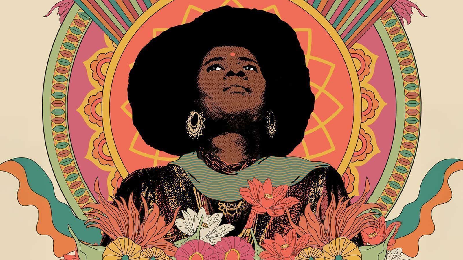 Illustrated woman with an afro gazing upward, surrounded by vibrant, floral and geometric patterns in bold colors—a nod to the creative spirit of Seattle, capturing the essence of fun things to do this week.